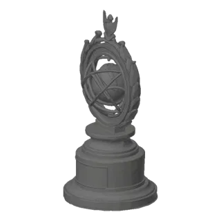 3D модель витиеватого небесного планетария с центральной сферой и замысловатыми кольцами на декоративном основании.