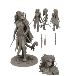 3D модель женщины-кошки-воина с кошачьими ушами, очками, броней, плащом и двумя мечами, показана с отдельными мечами и бюстом