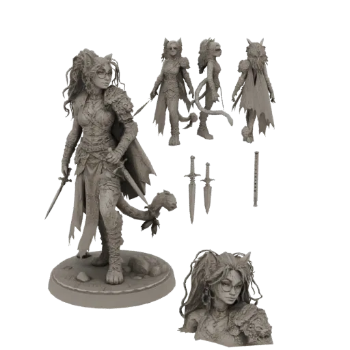 3D модель женщины-кошки-воина с кошачьими ушами, очками, броней, плащом и двумя мечами, показана с отдельными мечами и бюстом