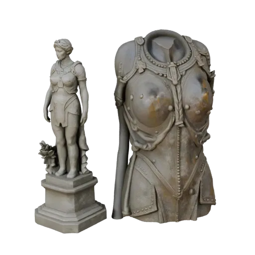 Превью коллекционной 3D-модели Садовой статуи, показывающее силуэт, студийный крупный план, пьедестал и детализацию скульптур