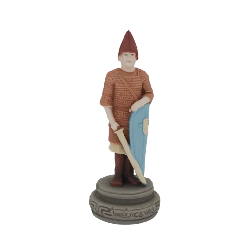 3D модель средневековой шахматной фигуры воина с мечом и щитом на каменном основании.