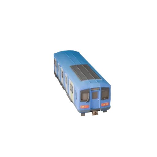 Мультяшная 3D-модель поезда метро, вид в три четверти в студии, стилизованный актив транспортного средства с готовым к эксплу