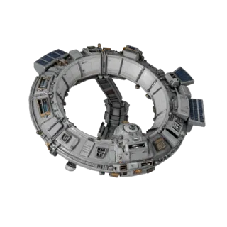 Стилизованная 3D модель коридора космической станции, стилизованный изометрический рендер, показывающий металлические модули,