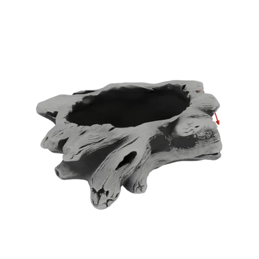Реалистичная 3D модель серого горшка-кашпо из коряги с органичной, выветренной текстурой и неправильной формой.