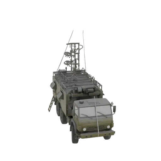 3D модель зеленого военного грузовика связи с высокой, сложной антенной на крыше, вид сверху.