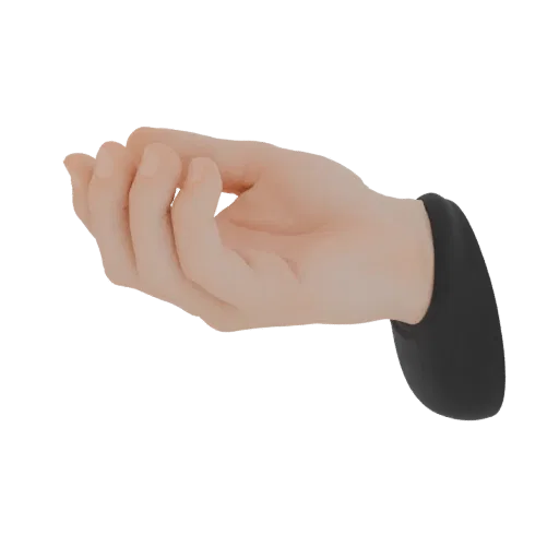3D модель реалистичной человеческой руки, ладонью вверх и сложенной, с видимым черным рукавом у запястья.