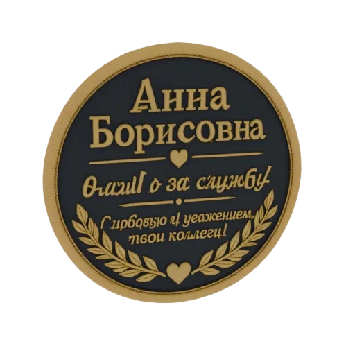 3D модель круглой памятной доски с золотым текстом 'Анна Борисовна' и венком из лавровых листьев на темном фоне.
