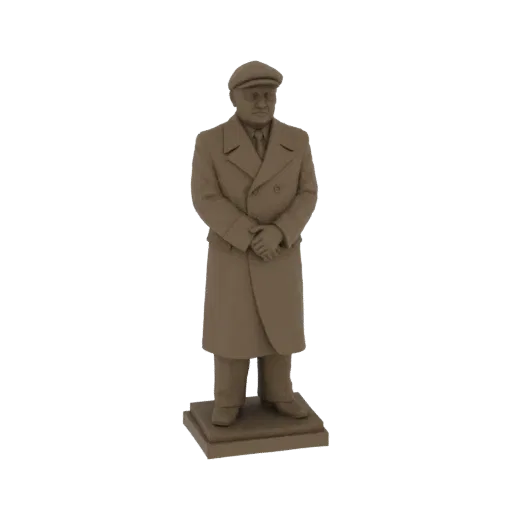 Рендер 3D модели мужчины в коричневом плаще и кепке, стоящего со сложенными руками на квадратном основании.