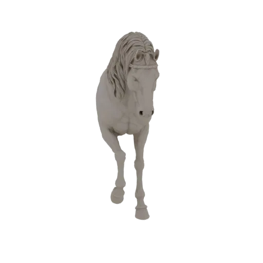 3D модель величественной лошади, выполненная в нейтральном, похожем на камень материале, в позе шага.