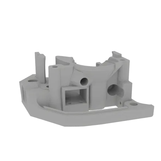 Детализированная 3D-модель сложного серого механического кронштейна с множеством отверстий и структурных опор, показанная на