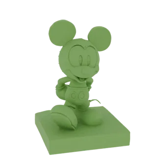 3D рендер зеленой фигурки Микки Мауса, стоящей на квадратном основании, руки на бедрах.