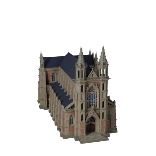 Стилизованная 3D модель собора, изометрический вид стилизованной игровой среды, показывающий материалы общедоступного здания