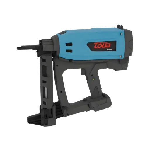 3D модель синего аккумуляторного нейлера Toua с серой рукояткой и магазином на черном фоне.