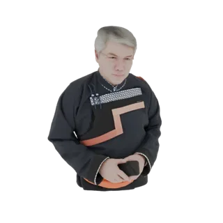 3D-модель мужчины в традиционном монгольском халате, с седыми волосами и задумчивым выражением лица, держащего темный предмет