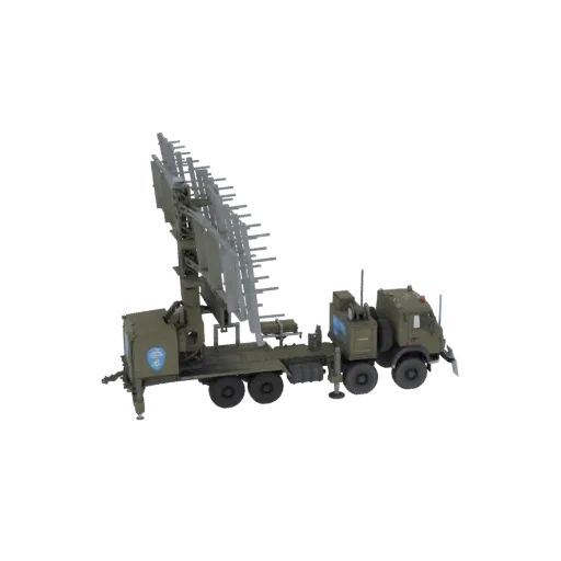 3D модель мобильной РЛС на зеленом военном грузовике с развернутой большой антенной.