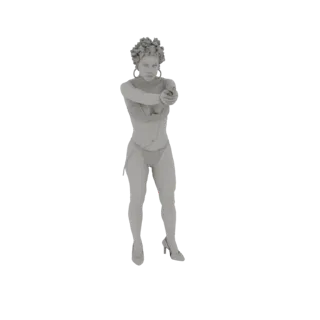 3D модель женской фигуры в динамичной позе, нацелившей пистолет вперед с решительным выражением лица.