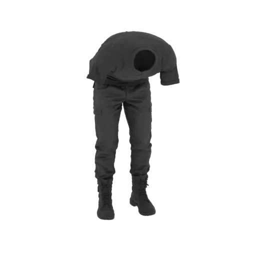 3D модель темного тактического костюма, включая футболку, брюки-карго и боевые ботинки, представленная на белом фоне.
