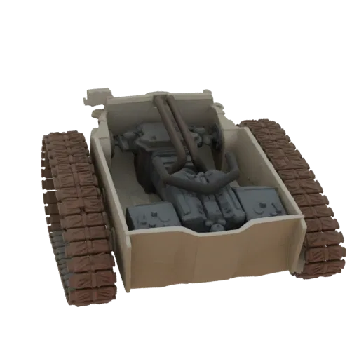 3D модель детализированного моторного отсека танка с видимым двигателем, выхлопными трубами и гусеницами.