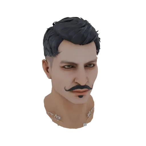 Рендер 3D модели бюста Соласа из Dragon Age, показывающий его темные волосы, усы и эльфийские метки.