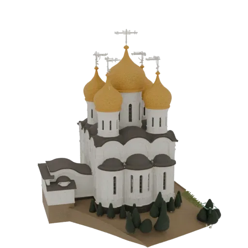 3D модель белой православной церкви с множеством золотых куполов, на небольшом ландшафтном основании с деревьями.