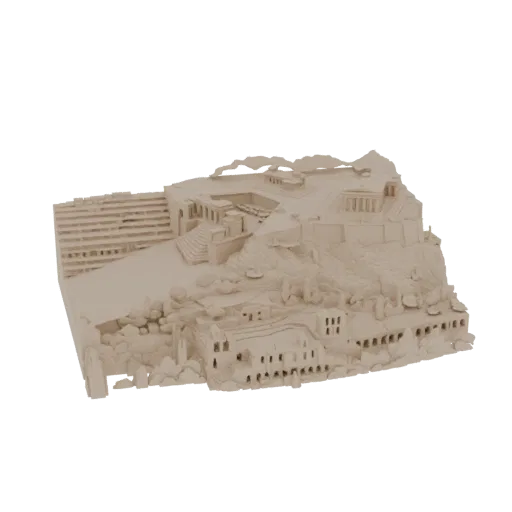 3D модель руин древнего акрополя со ступенчатыми сиденьями, разрушенными стенами и камнями, в нейтральном бежевом тоне.
