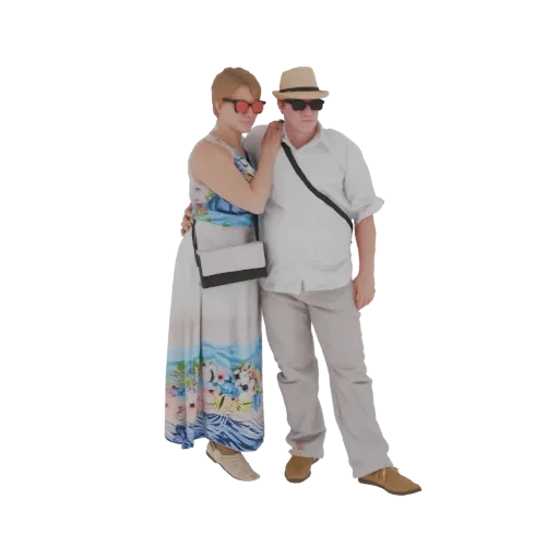 3D модель пары в отпуске, мужчина и женщина в летней одежде, в нежной позе.