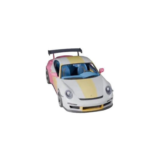 3D-модель спортивного автомобиля в стиле мультфильма, вид в три четверти в студии, стилизованный транспортный ресурс с линиям