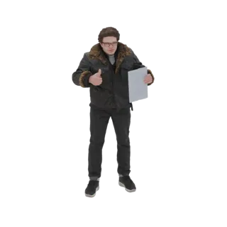 3D модель мужчины в темной зимней куртке и очках, показывающего большой палец вверх и держащего папку.