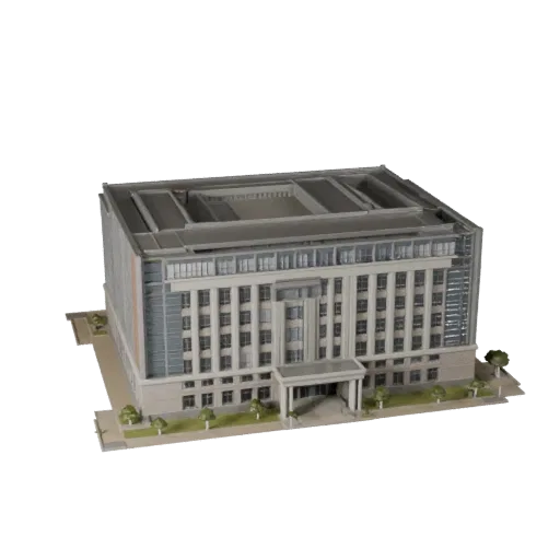 Реалистичная 3D модель здания библиотеки, вид снаружи в три четверти, показывающий материалы общедоступного здания и архитект
