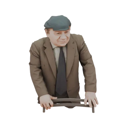 3D модель пожилого мужчины в зеленой кепке и коричневом костюме, опирающегося на трость.