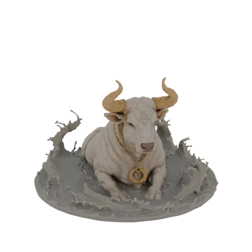3D модель белого быка с золотым амулетом, лежащего в подставке из вихревой воды, на белом фоне.