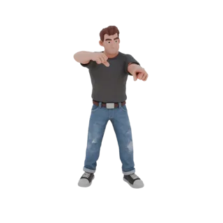 3D модель Сергея Жукова в полный рост, одетого в джинсы и футболку, с одной рукой, указывающей вперед, а другой, опущенной вн