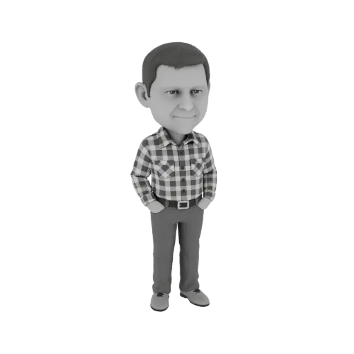 3D модель кежуал мужчины болванчика в клетчатой рубашке и серых брюках, руки в карманах.