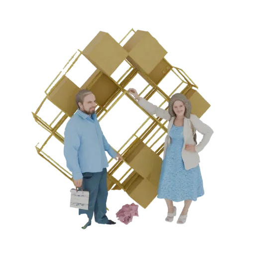 3D модель мужчины и женщины в игривой позе на фоне абстрактной золотой геометрической структуры.