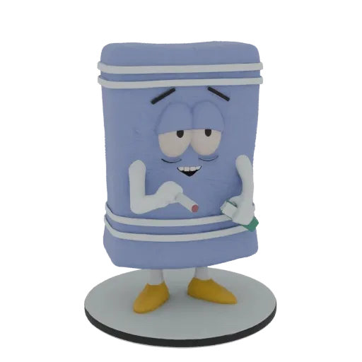 3D модель Полотенчика из South Park, держащего сигарету и зеленую бутылку, с расслабленным выражением лица.