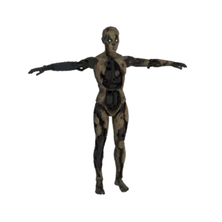 3D model of a T-pose android with exposed internal mechanics, weathered texture, and glowing green eyes, set against a white