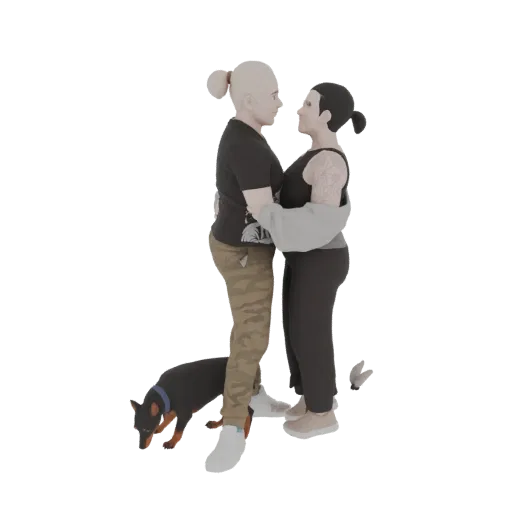 3D модель обнимающейся пары, с маленькой собакой у их ног.