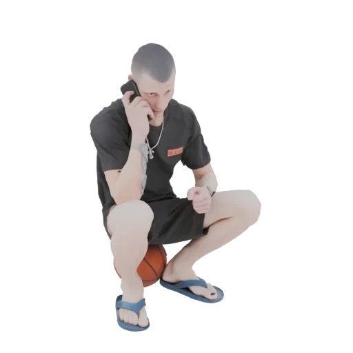 3D модель молодого человека, присев с баскетбольным мячом, разговаривающего по телефону, в черной футболке и шортах.