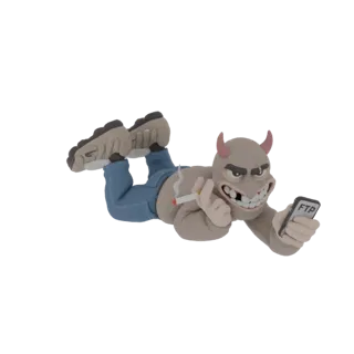 3D модель мультяшного дьявола, лежащего, курящего сигарету и держащего смартфон с надписью 'FTP'.