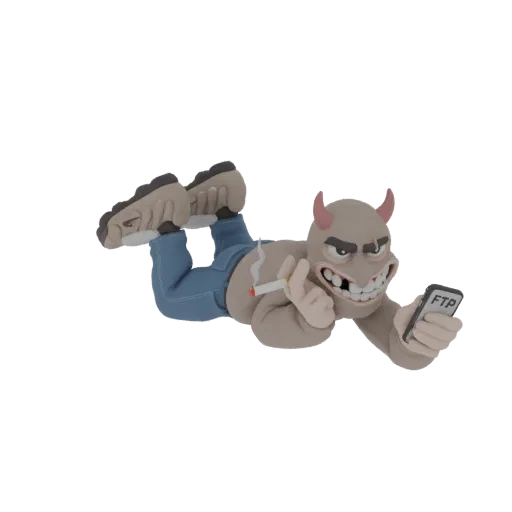 3D модель мультяшного дьявола, лежащего, курящего сигарету и держащего смартфон с надписью 'FTP'.