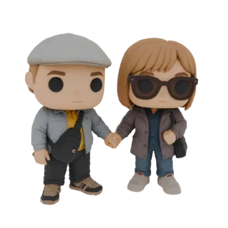 3D-модель пары, держащейся за руки, в стиле Funko Pop, мужчина в кепке, женщина в солнцезащитных очках.