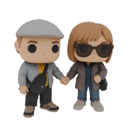 3D-модель пары, держащейся за руки, в стиле Funko Pop, мужчина в кепке, женщина в солнцезащитных очках.