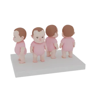 3D-рендер четырех стилизованных фигурок младенцев с сердитыми выражениями лиц, стоящих на белой подставке.