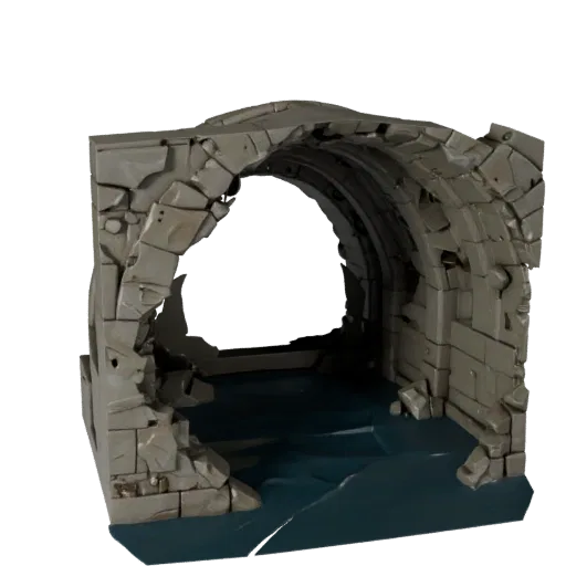 Стилизованная 3D-модель интерьера затопленных руин, стилизованный изометрический рендер окружения, показывающий состаренный к