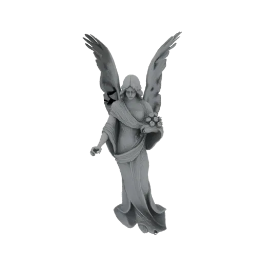 3D модель безмятежного ангела с большими крыльями, в струящихся одеждах, держащего букет цветов.