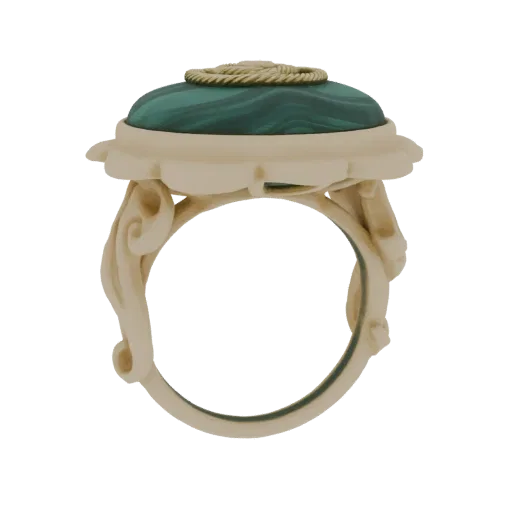 3D модель витиеватого кольца с зеленым малахитом и золотистым ободком с замысловатыми завитками.