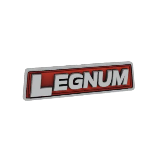 3D модель шильдика "LEGNUM" с серебристыми буквами на красном фоне, стилизованная под автомобильный знак.