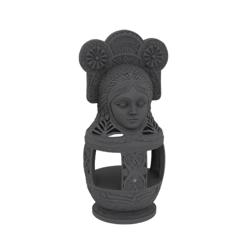 Серая 3D модель головы славянской женщины в виде фонаря с традиционным головным убором и замысловатыми узорами.