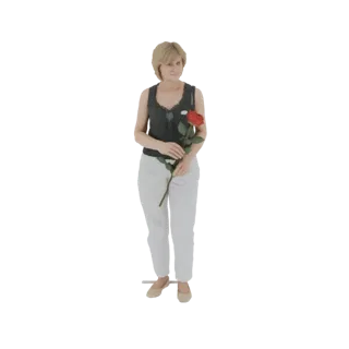 3D модель женщины с светлыми волосами, в темном топе и белых брюках, держащей красную розу.