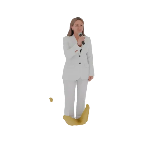 3D модель женщины в белом костюме и брюках, держащей микрофон, с желтым всплеском у ног.